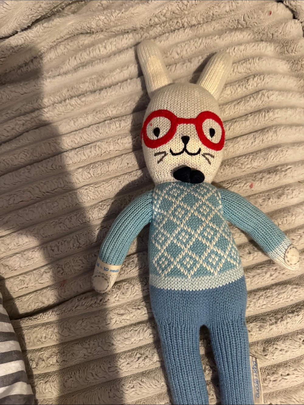 Knit Bunny Plush Toy in Blue, White and Red Glasses